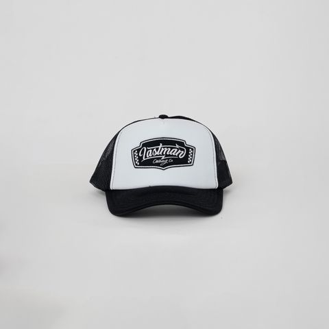 EMBROIDERED TRUCKER CAP "LM CLOTHING"   / メッシュキャップ (ホワイト/ブラック)
