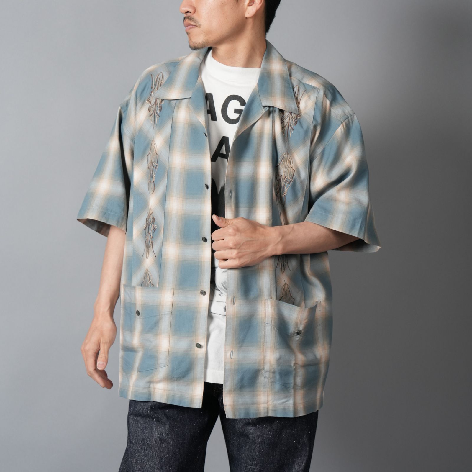 OMBRE PLAID CURBAN SHIRTS (SS)  / 半袖シャツ (ブルー)