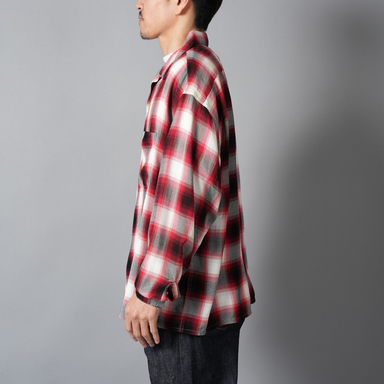 【ラスト1点】SM-MK8-0000-045 / RAYON SHIRT / CHECK / RED / ロングスリーブシャツ (レッド)