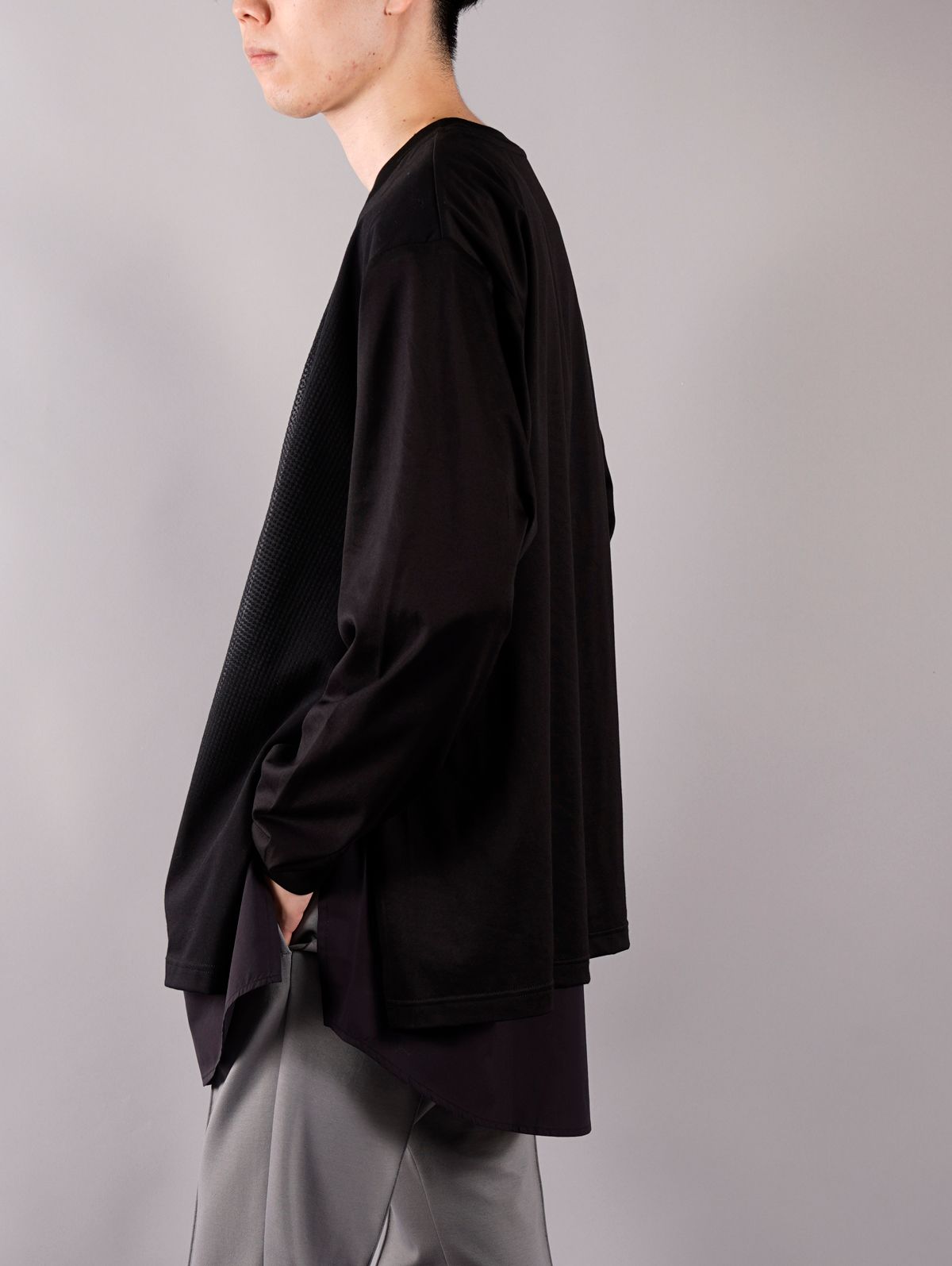 【ラスト1点】Layered T-SHIRT / レイヤード Tシャツ (長袖カットソー) / ブラック / オパール加工