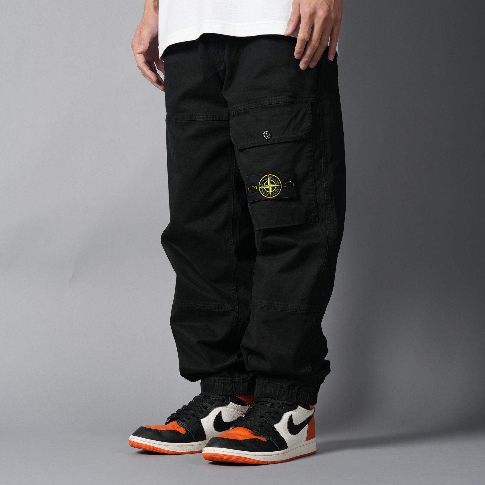 3100010 ORGANIC COTTON STRETCH BROKEN TWILL 'OLD' EFFECT / カーゴパンツ (ガーメントダイ) (ブラック)