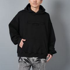 【ラスト1点】DISTRESSED LOGO HOODIE / オーバーサイズ ユニセックス エッセンシャルテリー ロゴ フーディー   (ブラック)