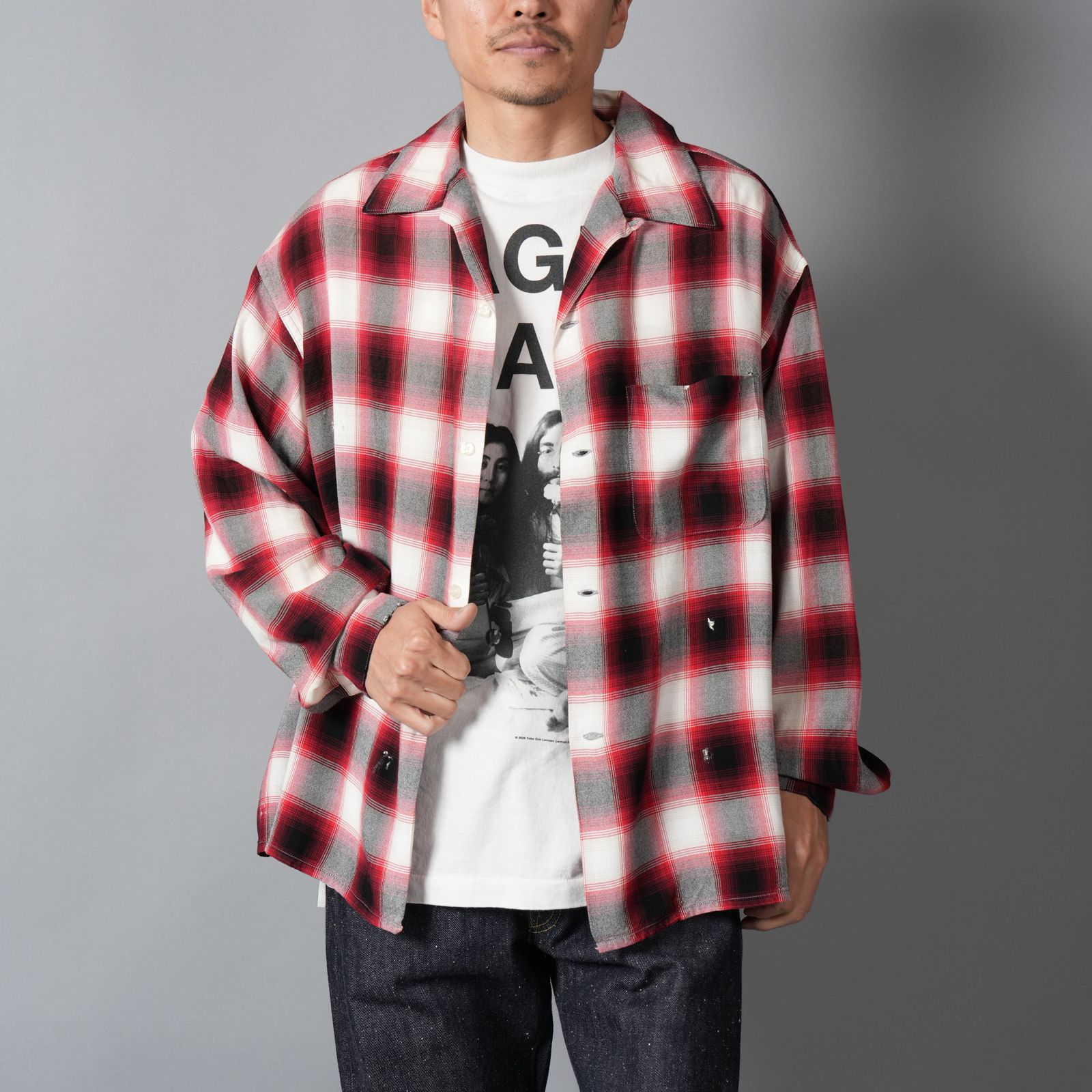 【ラスト1点】SM-MK8-0000-045 / RAYON SHIRT / CHECK / RED / ロングスリーブシャツ (レッド)