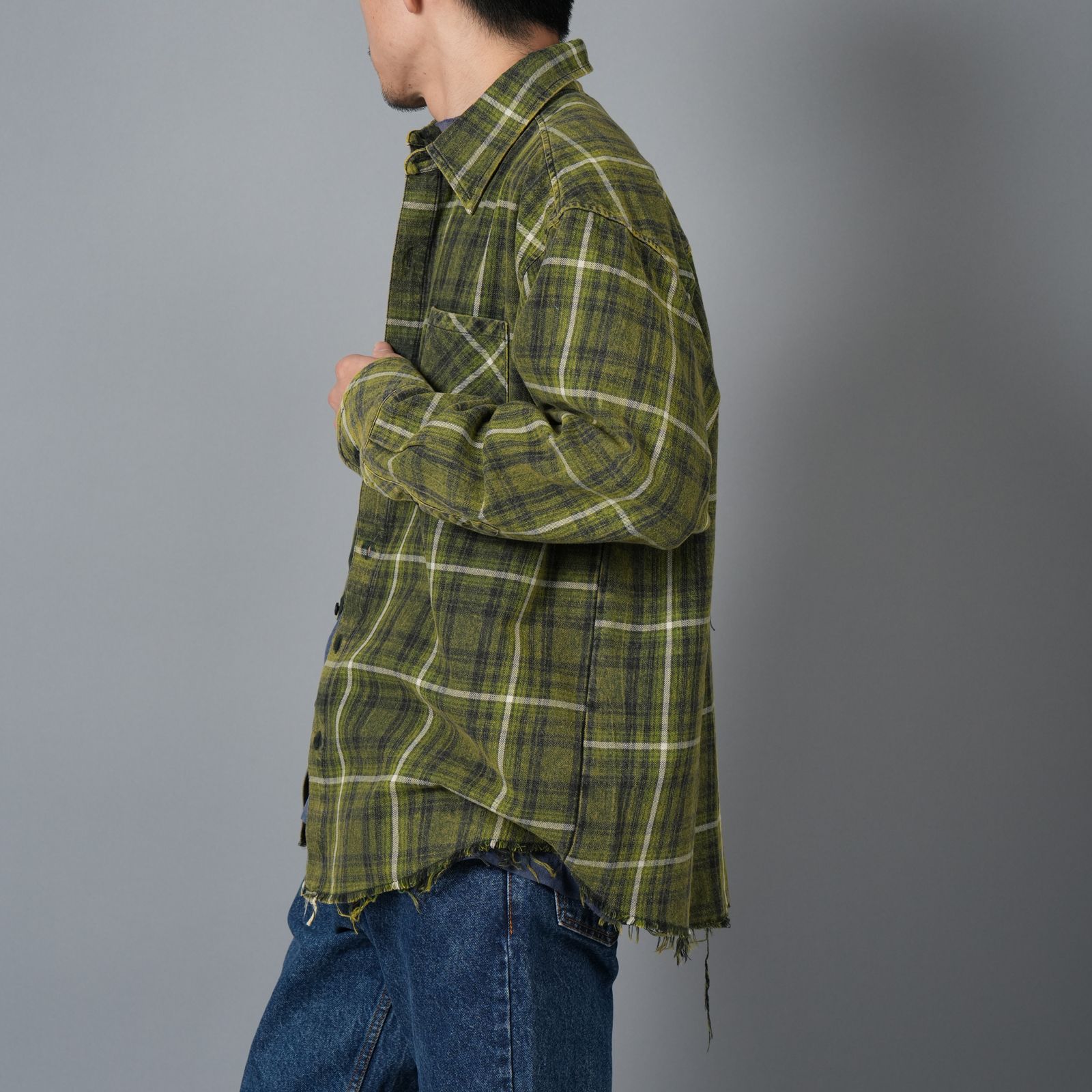 【ラスト1点】Used Shirt / ユーズドシャツ / ネルシャツ  (カーキ)