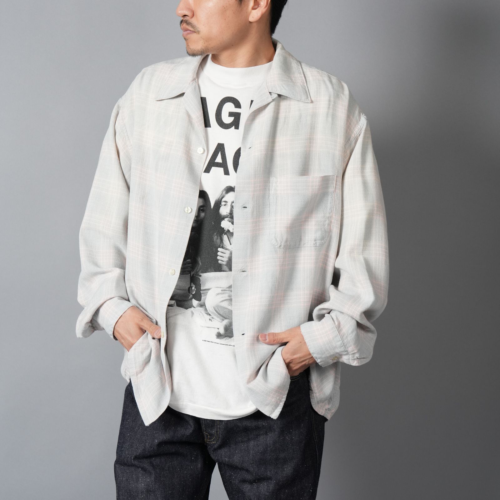 【ラスト1点】SM-MK8-0000-046 / RAYON SHIRT / CHECK / SKY BLUE / ロングスリーブシャツ (ブルー)