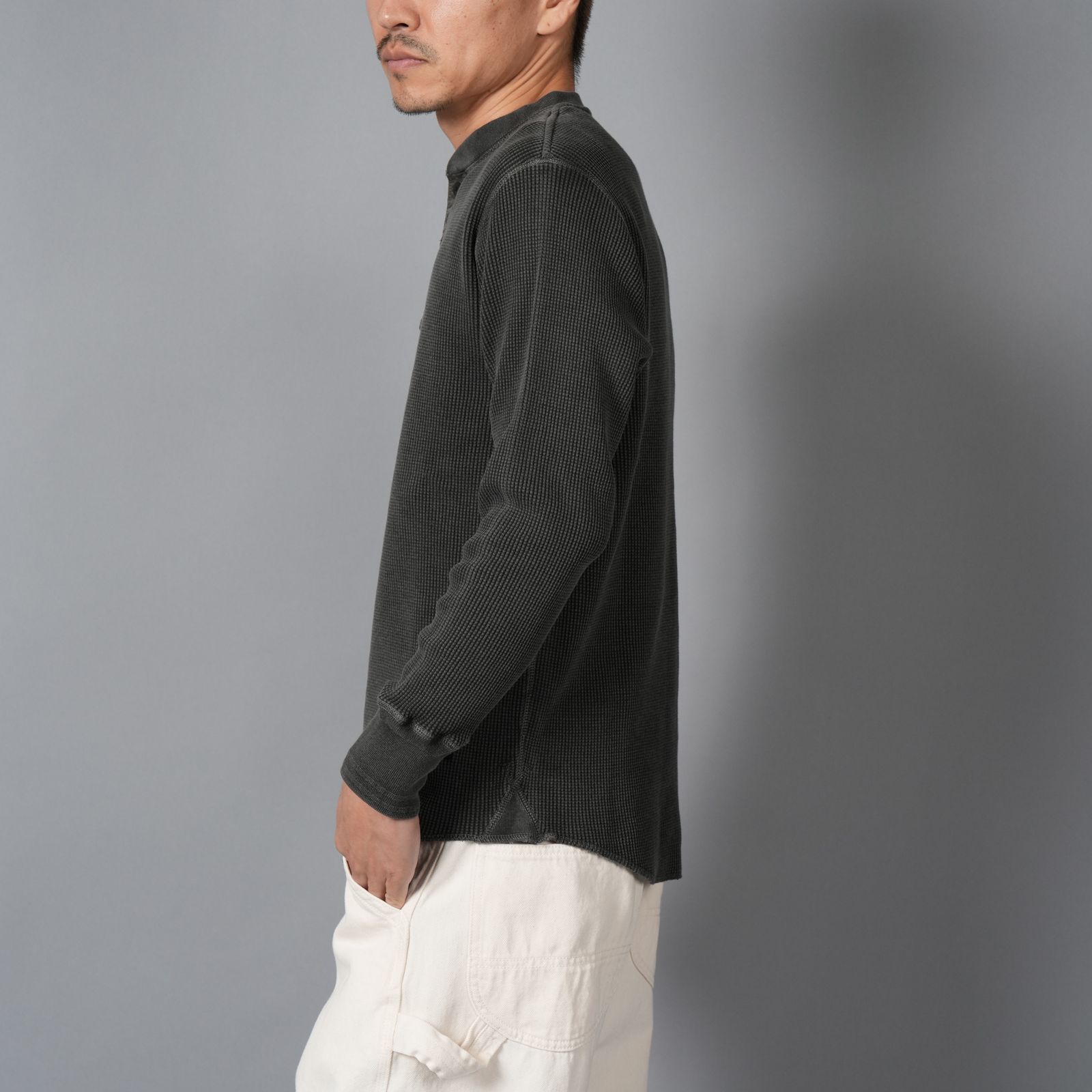 WAFFLE HENLEY NECK SHIRTS / ワッフル ヘンリーネックシャツ (ブラック)