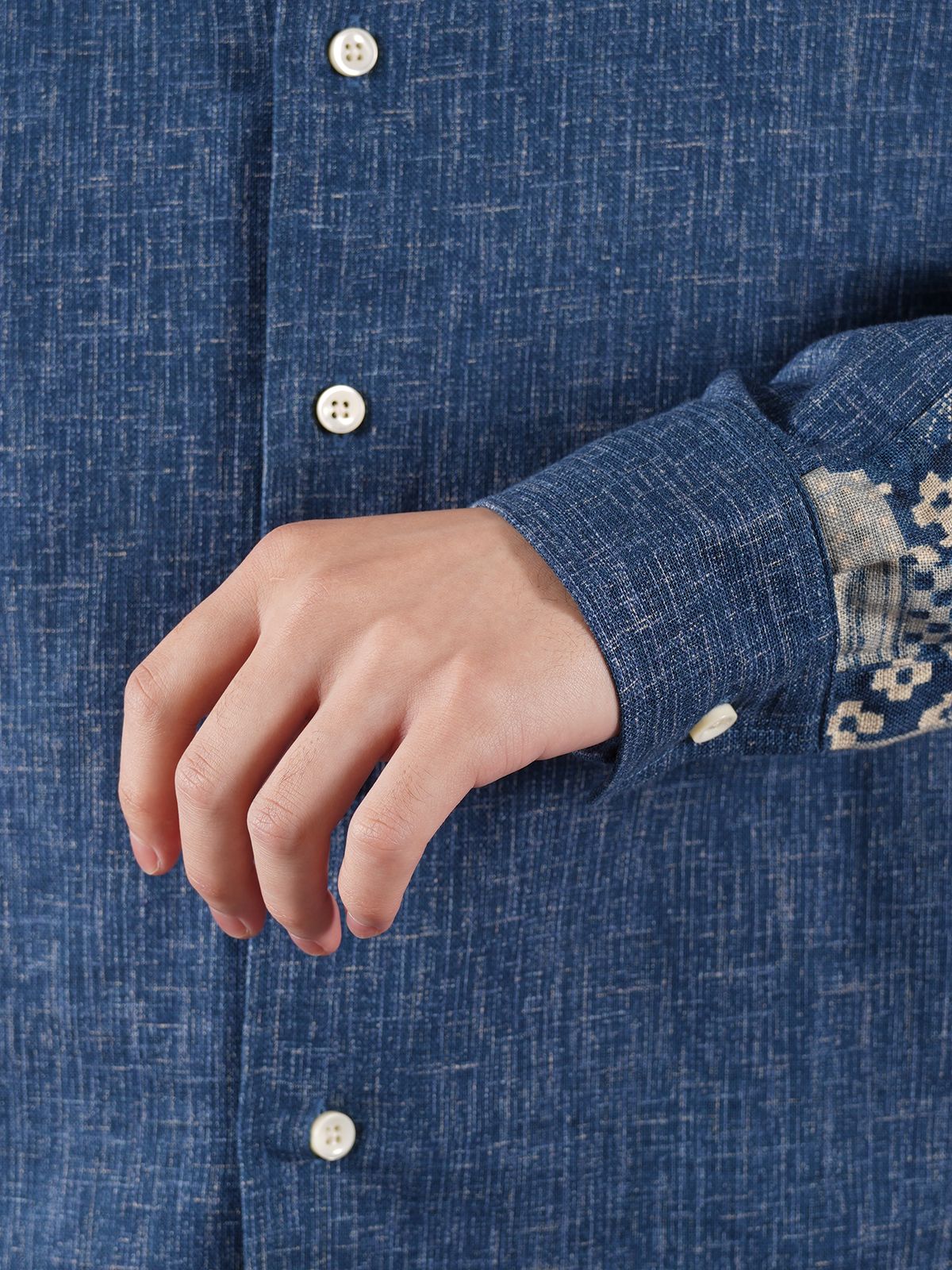 ラスト1点 / BUTTON UP CONTRAST CHINESE SHIRT / ボタンアップ コントラスト チャイニーズシャツ (ブルー)