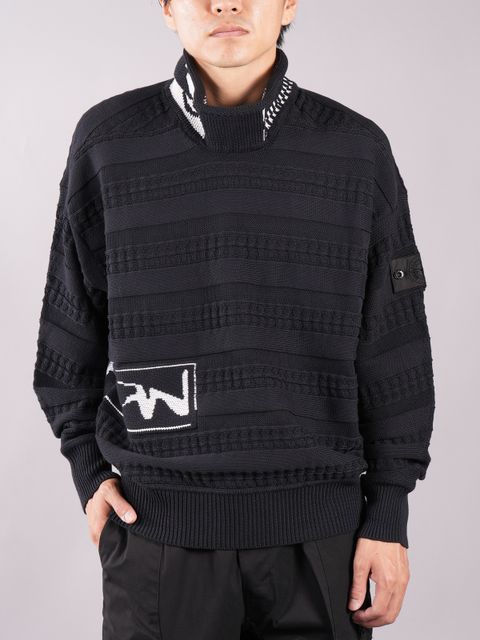 5091T FAIR ISLE ARAN MOCK NECK KNIT_CHAPTER 1 / モックネック ニットセーター / ブラック / ルーズフィット