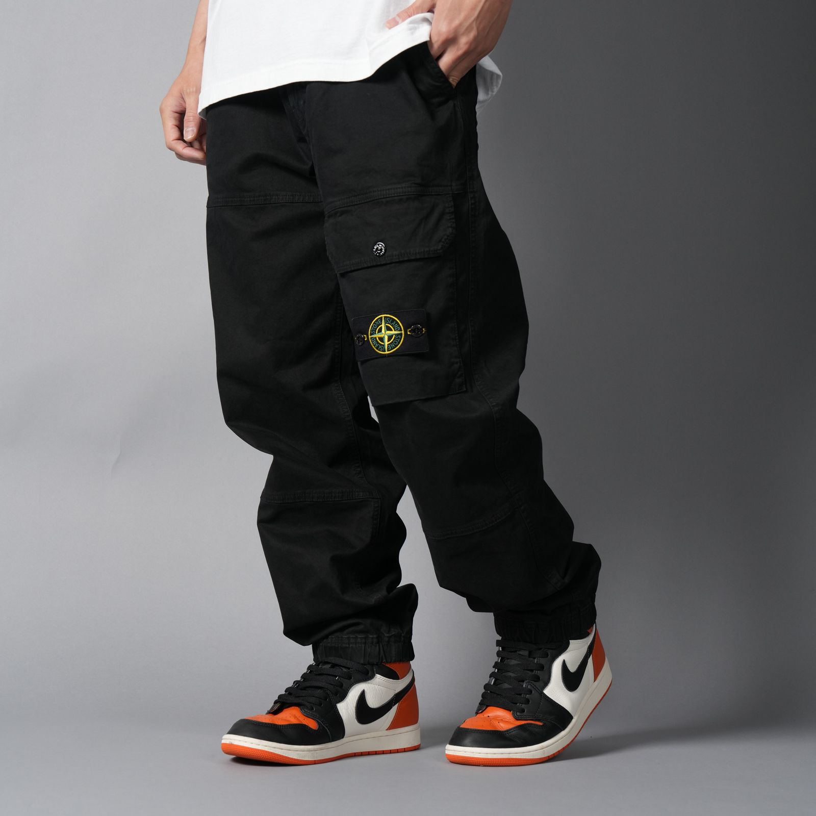 3100010 ORGANIC COTTON STRETCH BROKEN TWILL 'OLD' EFFECT / カーゴパンツ (ガーメントダイ) (ブラック)