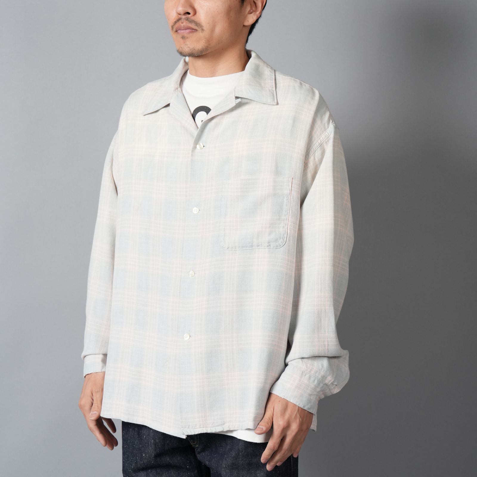 【ラスト1点】SM-MK8-0000-046 / RAYON SHIRT / CHECK / SKY BLUE / ロングスリーブシャツ (ブルー)