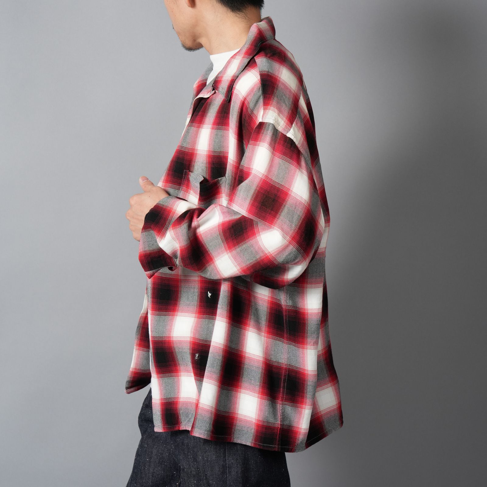 【ラスト1点】SM-MK8-0000-045 / RAYON SHIRT / CHECK / RED / ロングスリーブシャツ (レッド)