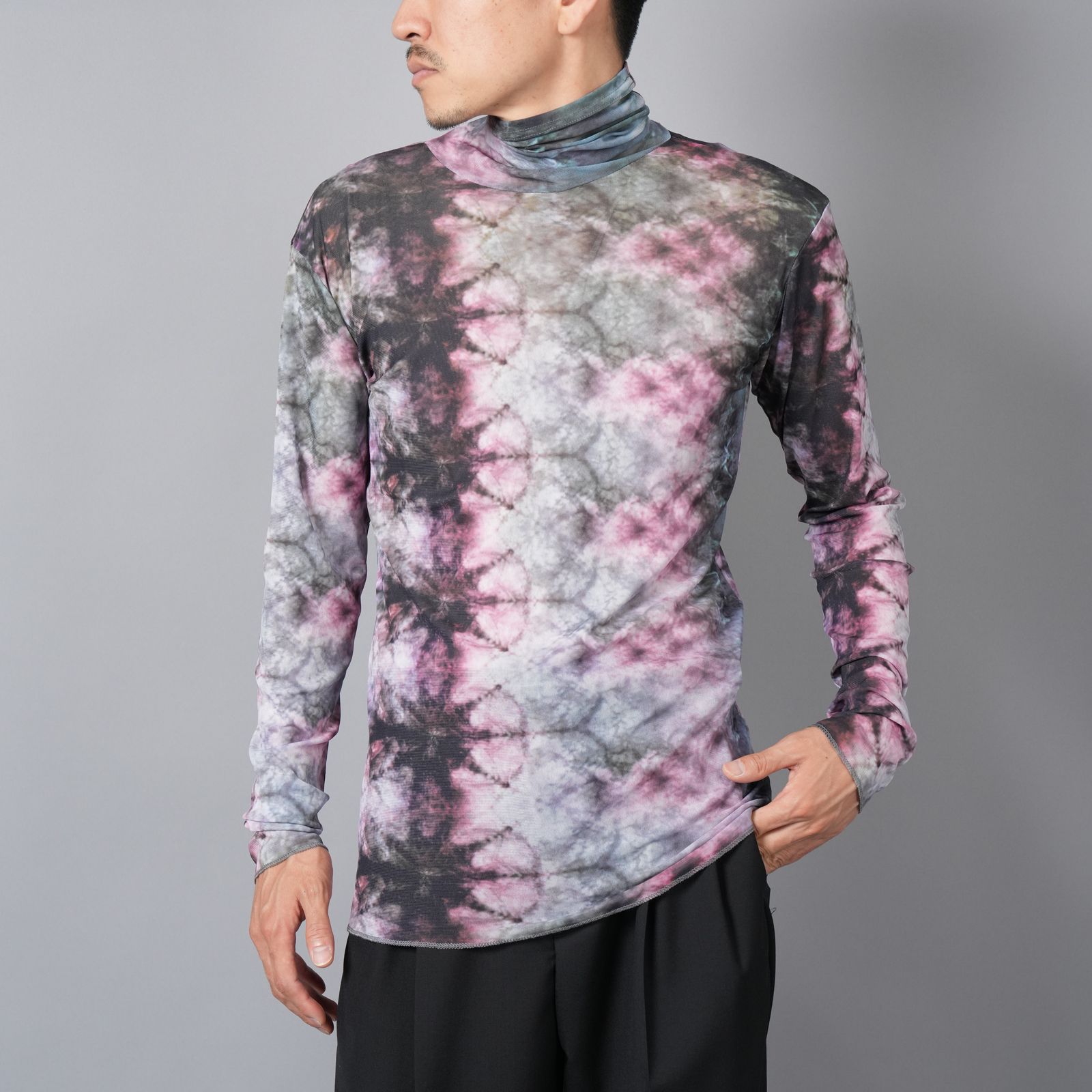 【ラスト1点】TIE DYE TULLE T / HIGH NECK T-SHIRT / タイダイ チュールT ハイネックTシャツ (ピンク)