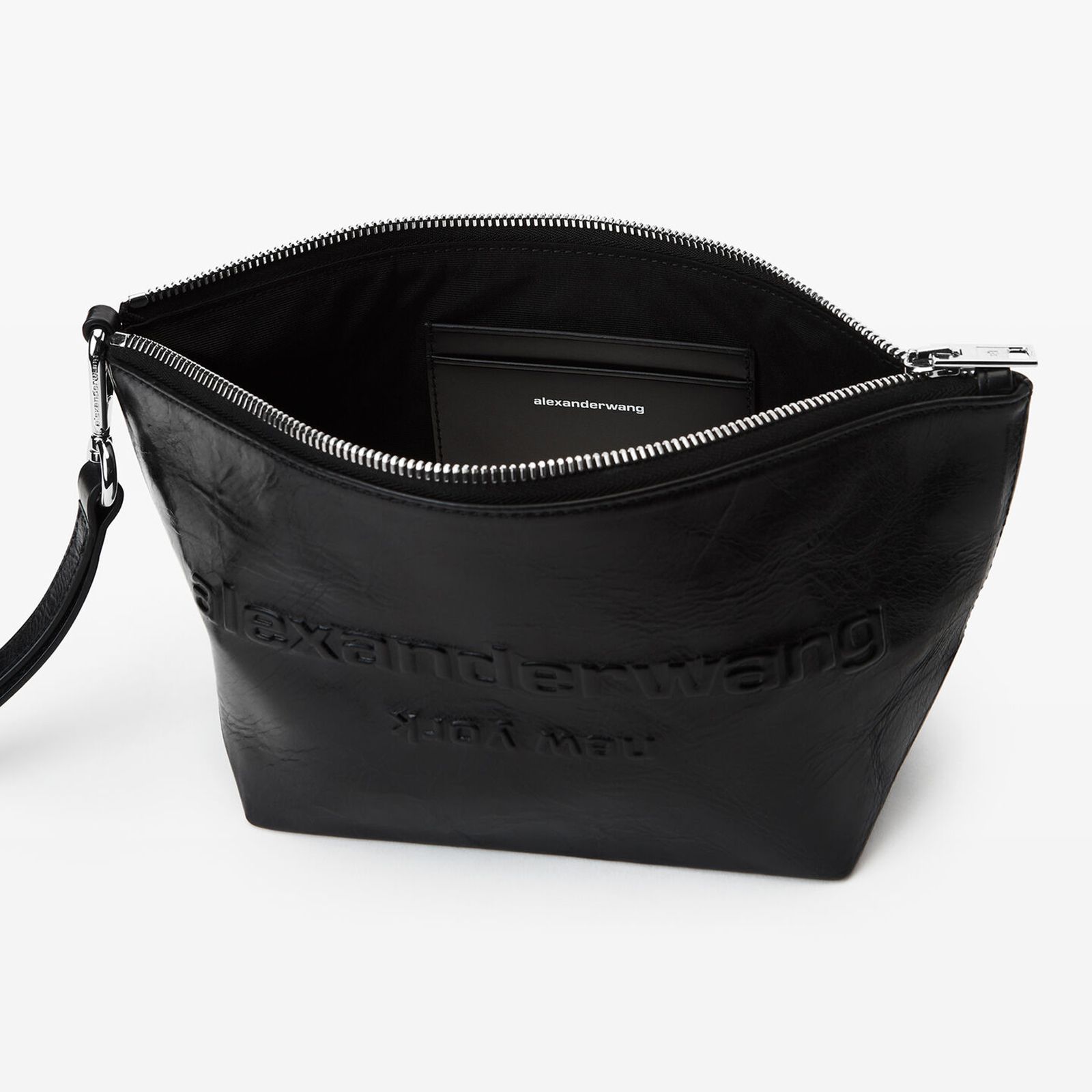 alexander wang - 【ラスト1点】PUNCH WRISTLET ZIP POUCH / クラックルパテントレザー  リストレットストラップポーチ (ブラック) | Confidence