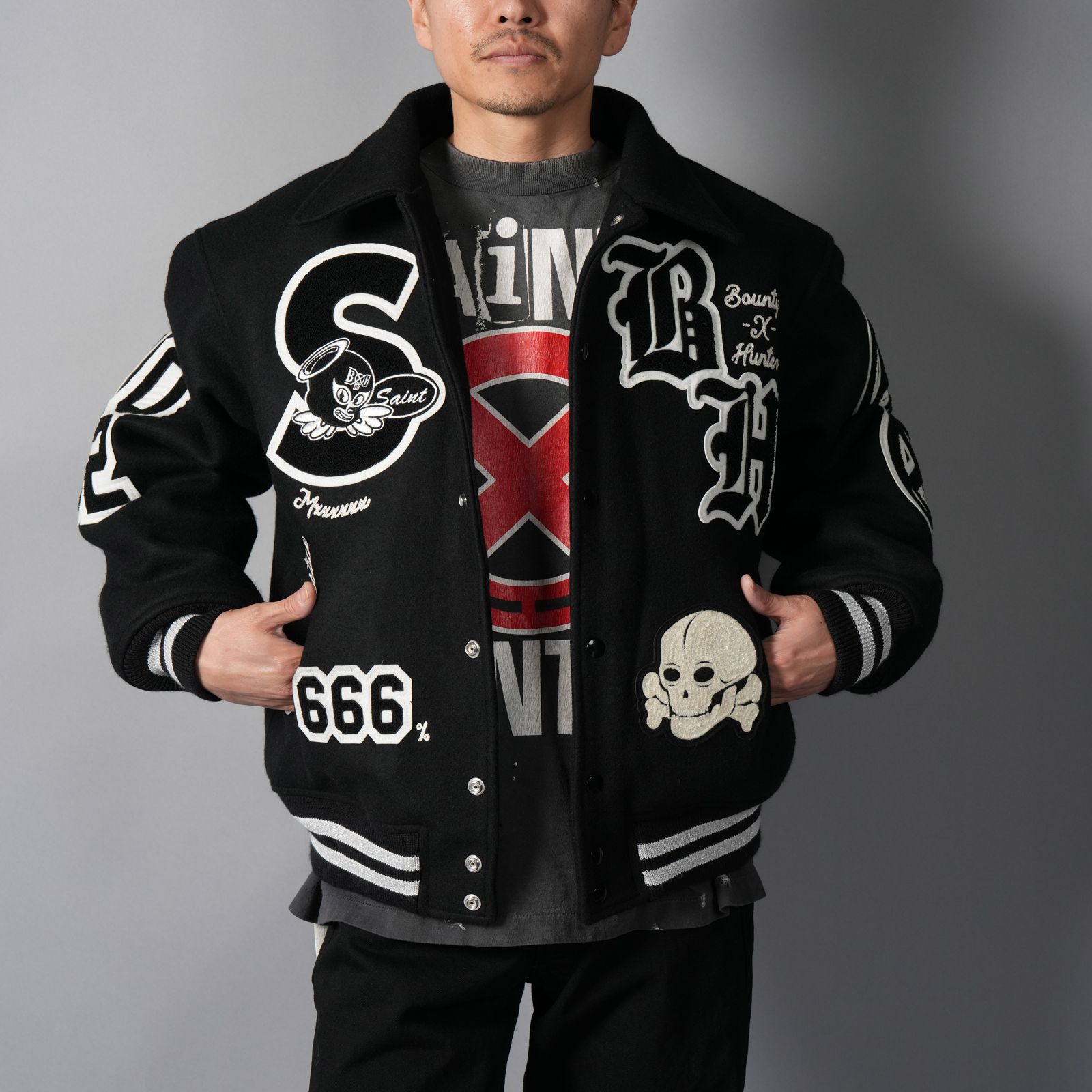 【残りわずか】【コラボ】SM-MK8-0000-C34 / BH_VARSITY JKT / SNT HUNTER / BLK / スタジャン (ブラック)