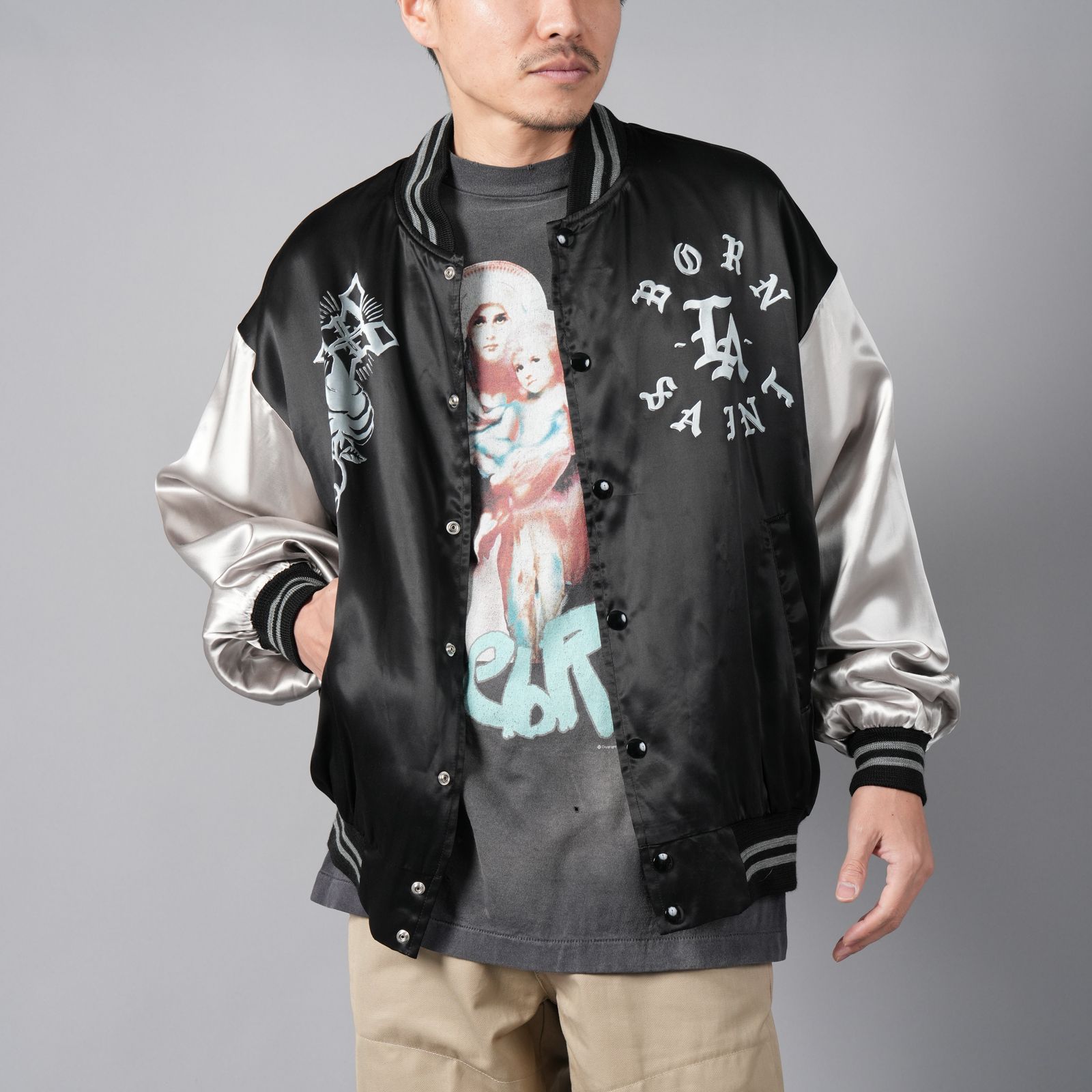 SAINT M×××××× - 【ラスト1点】[2月23日(金)10時発売!!] [限定] SM-YS8-0000-C12 / BR_SATIN  JACKET / BLK+GRY / サテンジャケット (ブラック/グレー) | Confidence