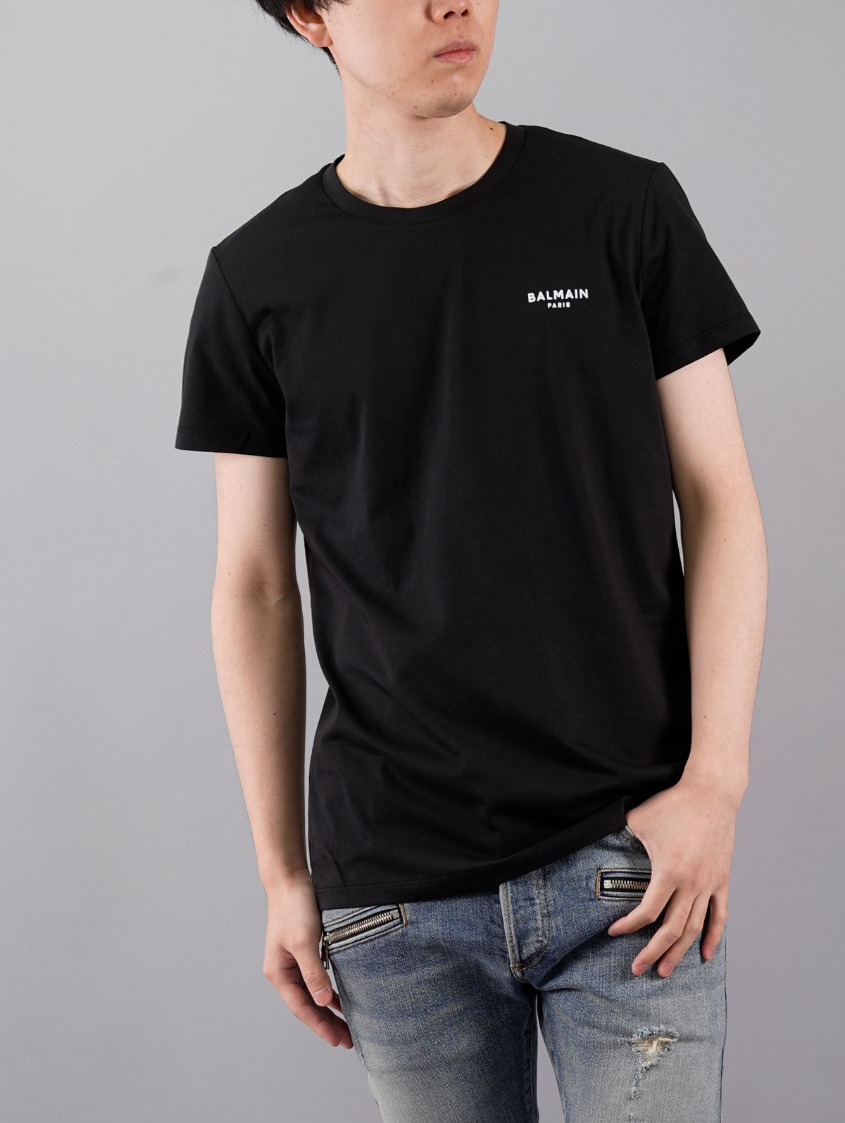 BALMAIN - 【ラスト1点】Black Cotton T-shirt White Balmain Velvet