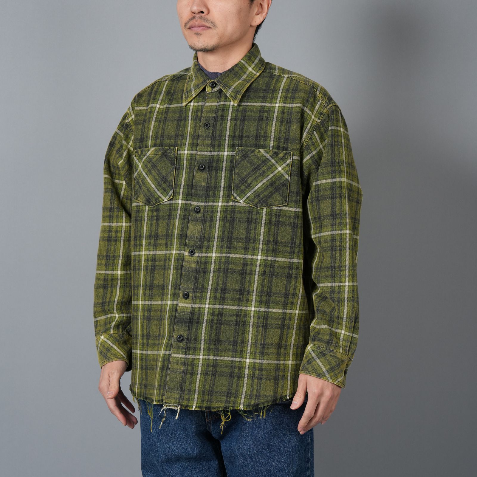 【ラスト1点】Used Shirt / ユーズドシャツ / ネルシャツ  (カーキ)