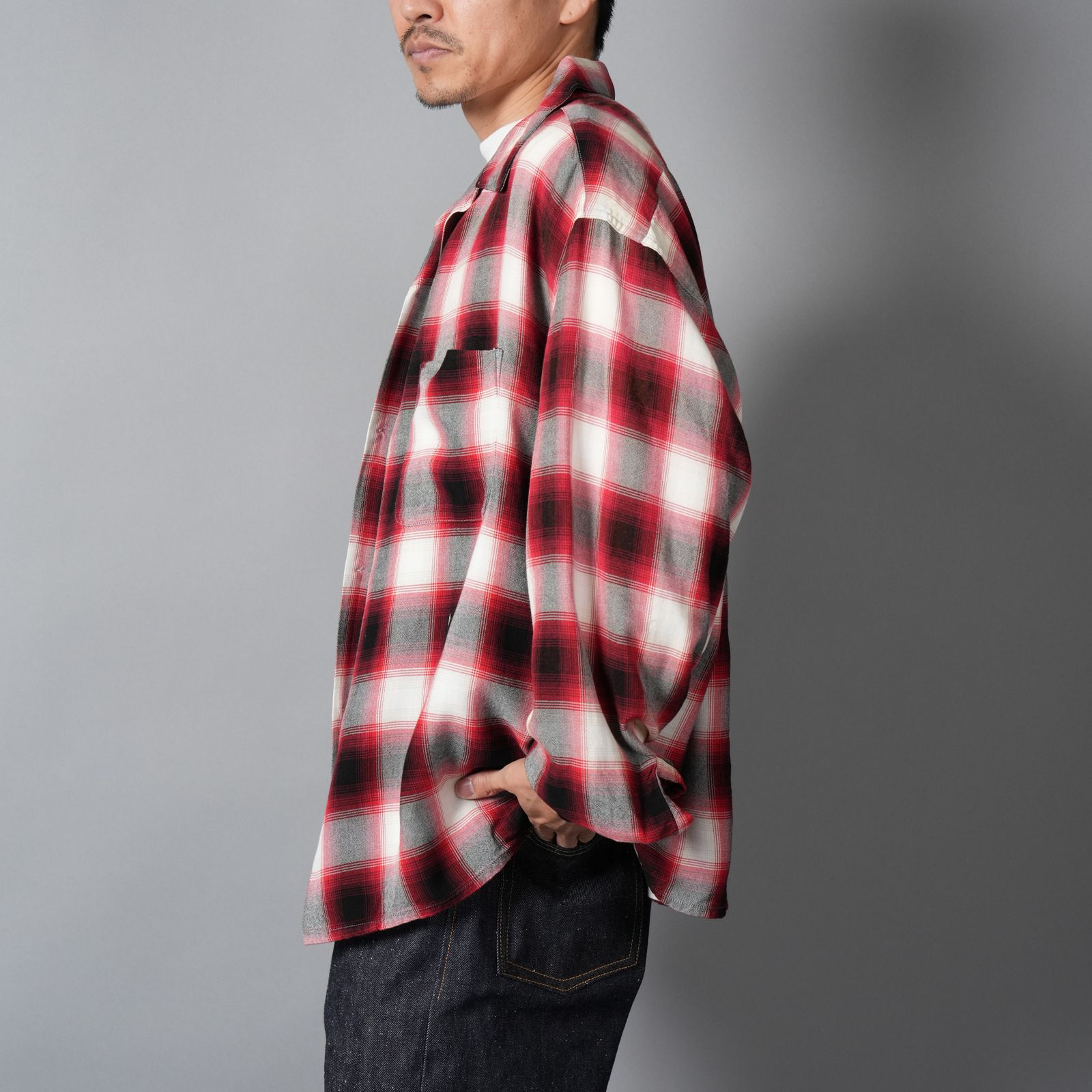 【ラスト1点】SM-MK8-0000-045 / RAYON SHIRT / CHECK / RED / ロングスリーブシャツ (レッド)