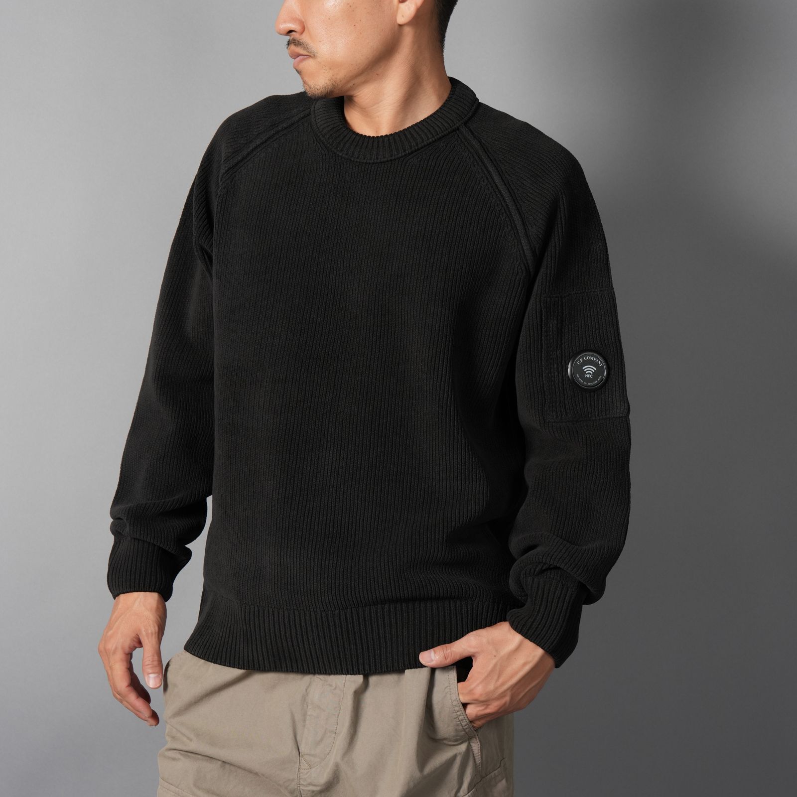 CHENILLE COTTON CREWNECK LENS SWEATER / クルーネック レンズセーター (ブラック)