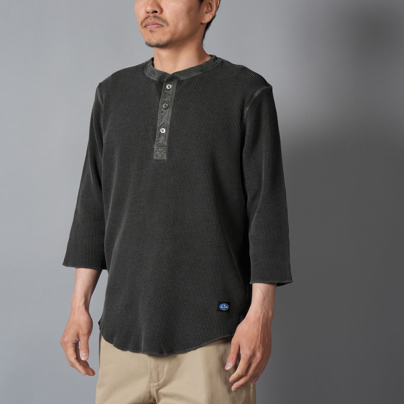 WAFFLE HENLEY (3/4)SLEEVE / ワッフル ヘンリーネック Tシャツ (ブラック)