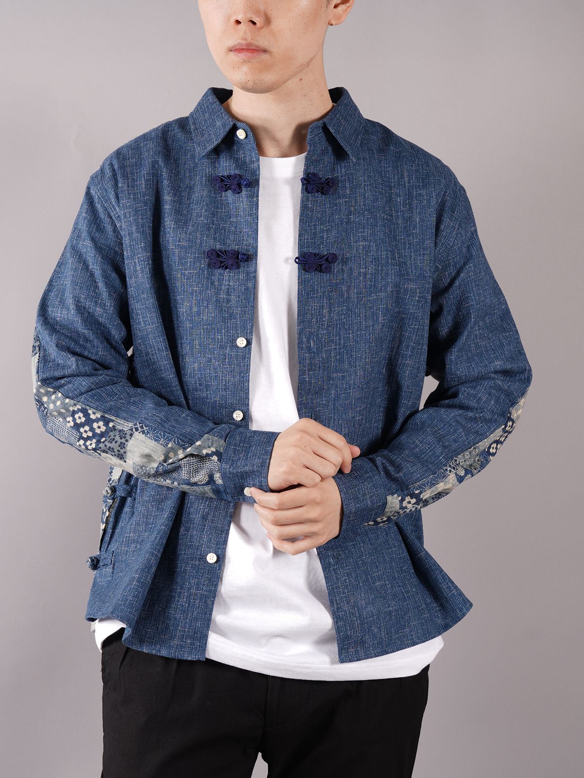 ラスト1点 / BUTTON UP CONTRAST CHINESE SHIRT / ボタンアップ コントラスト チャイニーズシャツ (ブルー)