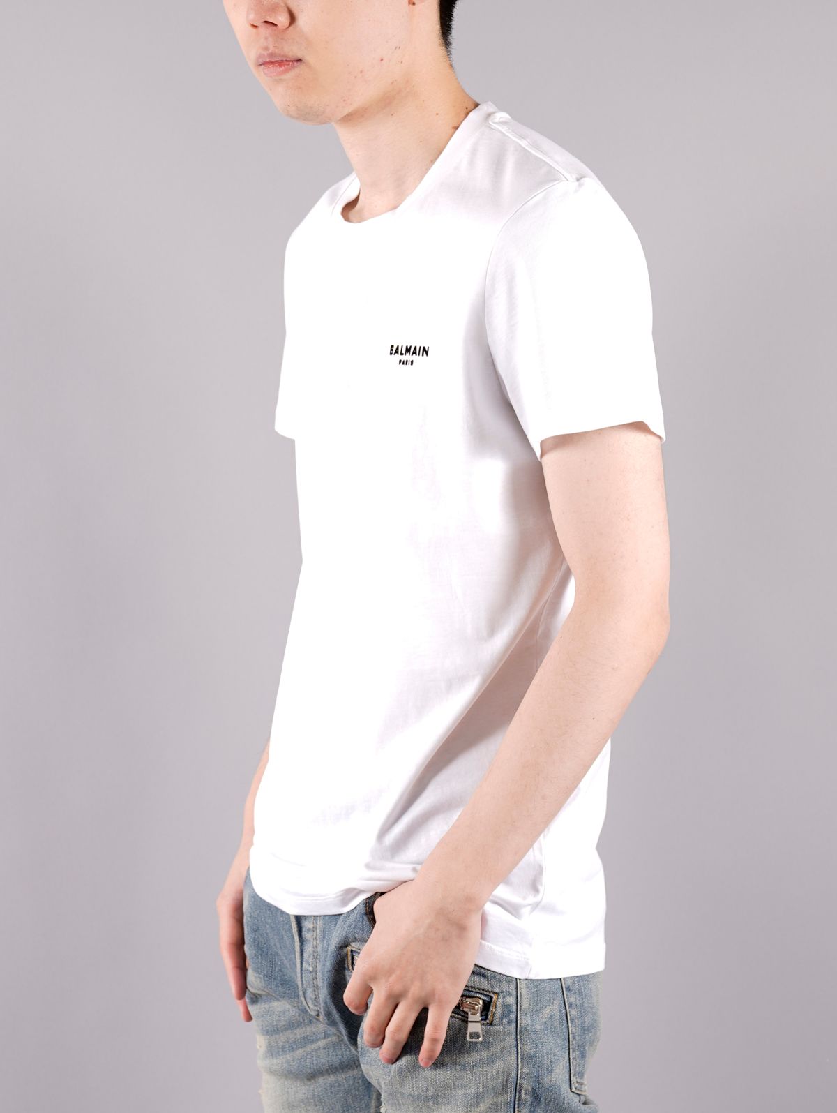 【ラスト1点】White Cotton T-shirt Black Balmain Velvet Logo / ベルベットロゴ コットン Tシャツ / ホワイト / 定番商品 / メンズ