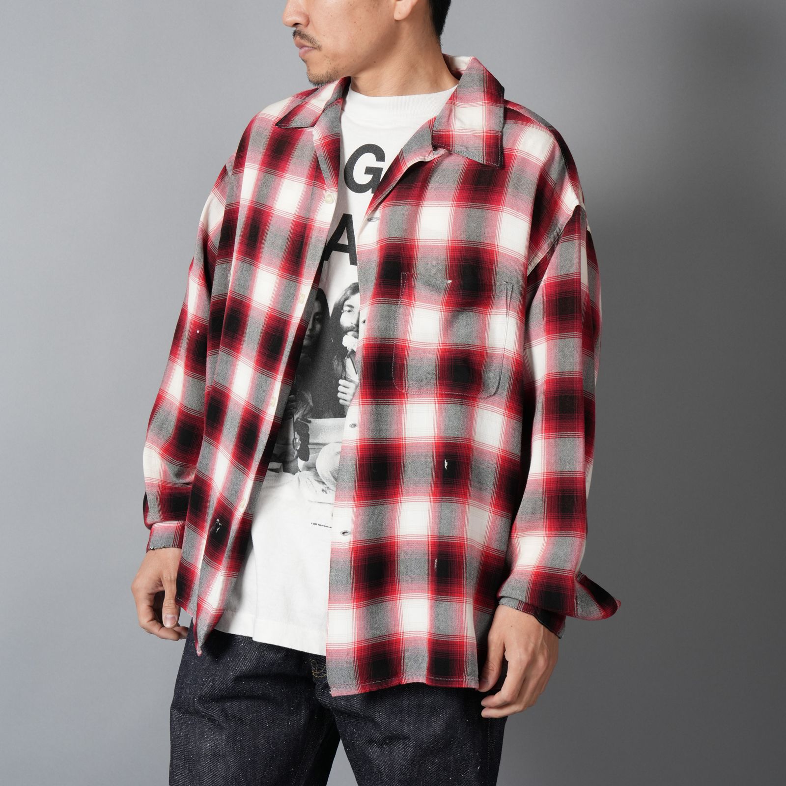 【ラスト1点】SM-MK8-0000-045 / RAYON SHIRT / CHECK / RED / ロングスリーブシャツ (レッド)