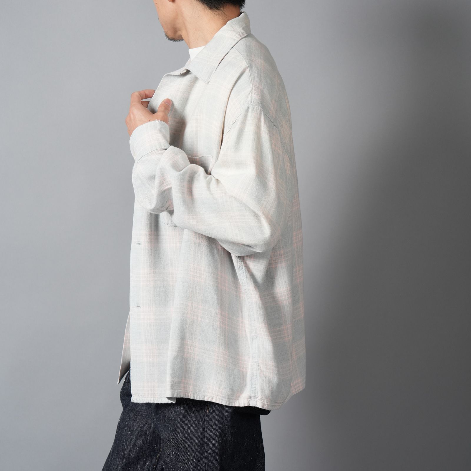 【ラスト1点】SM-MK8-0000-046 / RAYON SHIRT / CHECK / SKY BLUE / ロングスリーブシャツ (ブルー)