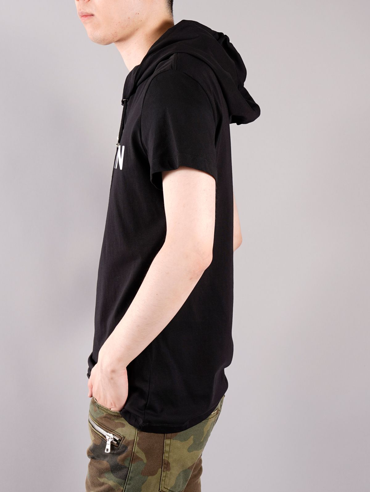 【ラスト1点】HOODED BALMAIN SHORT SLEEVE / ロゴ Tシャツ フーディー / ブラック / コットン / メンズ