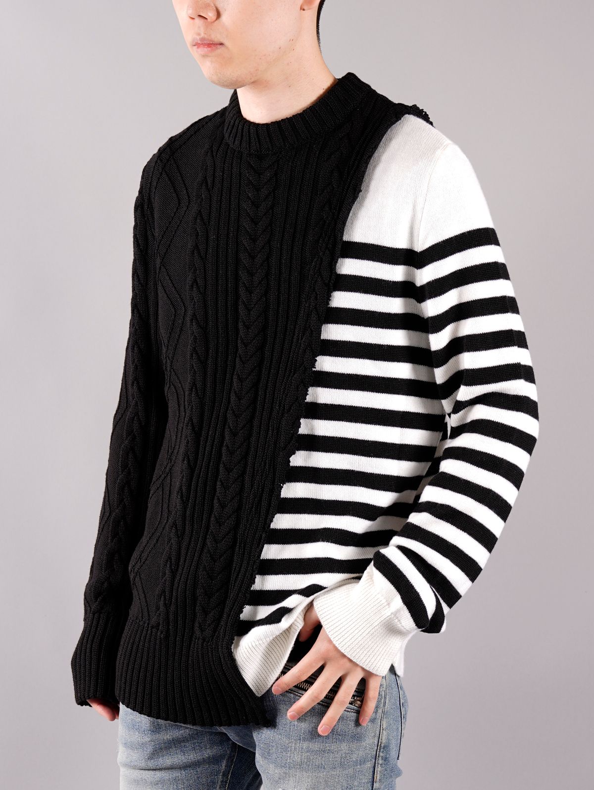 【ラスト1点】BH2 KNIT TOP DECONSTRUCTED / ケーブル ボーダー ニット (クルーネック) / ブラック・ホワイト / メンズ