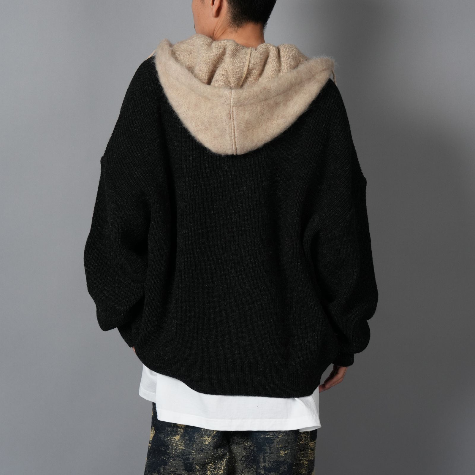 【ラスト1点】HOODED CARDIGAN / フーデッド カーディガン  (ブラック/ベージュ)