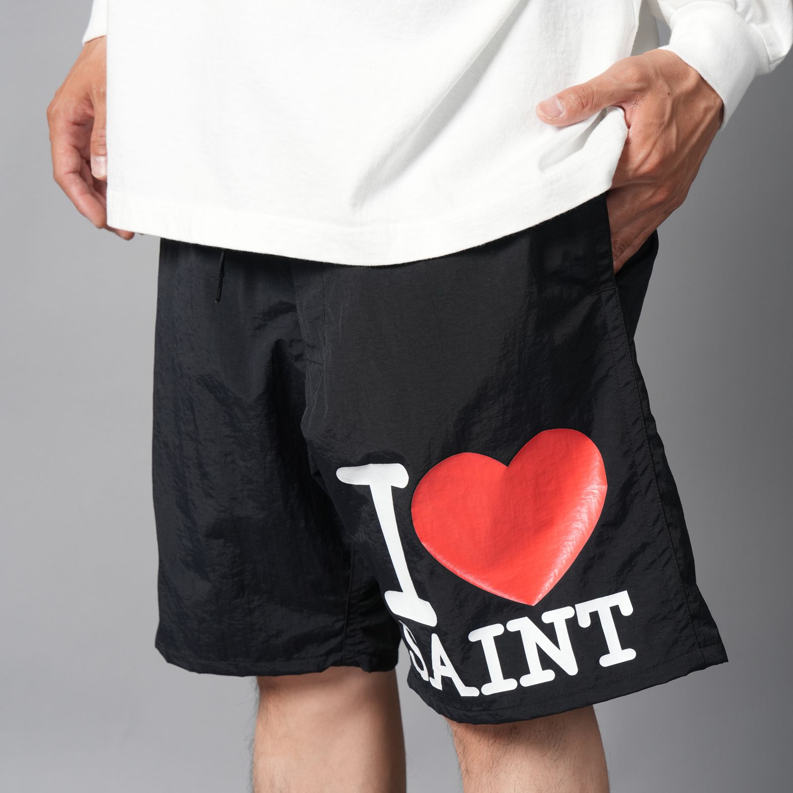 SM-MK8-0000-071 / NYLON SHORTS  / I LOVE SAINT / BLACK / スイムショーツ  (ブラック)