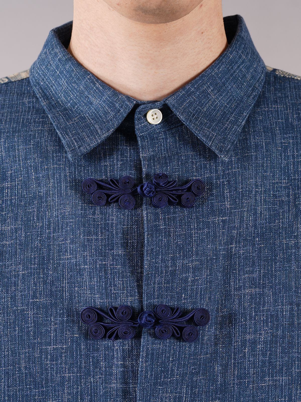 ラスト1点 / BUTTON UP CONTRAST CHINESE SHIRT / ボタンアップ コントラスト チャイニーズシャツ (ブルー)