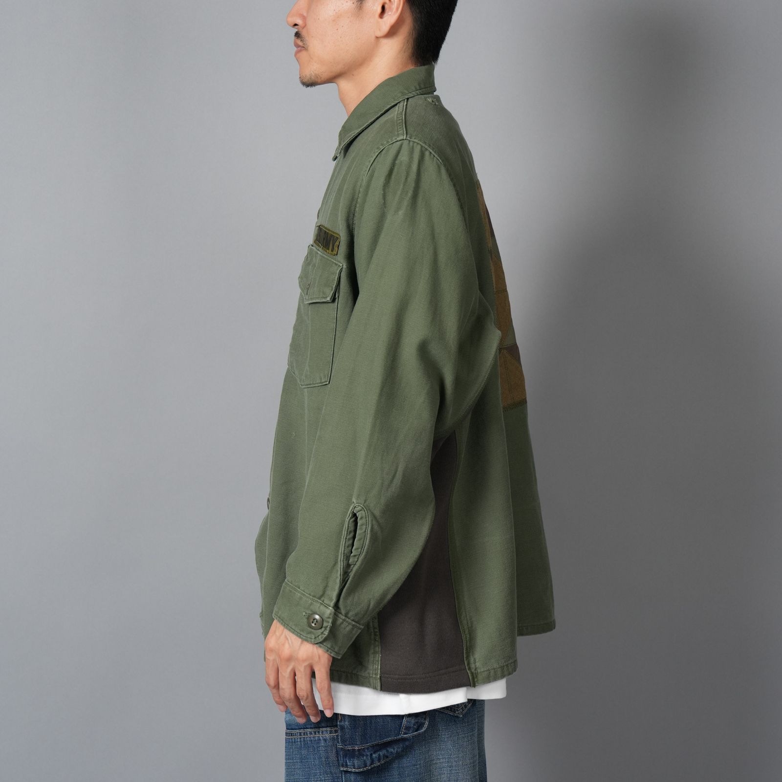 Patchwork US Army Utility Shirts  / パッチワーク ユーエス アーミー ユーテリティシャツ [古着リメイク](カーキ)