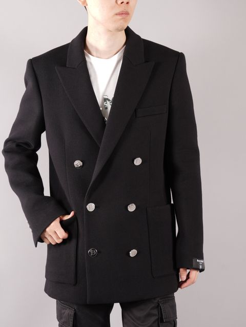 【ラスト1点】 Black fleece blazer with double-breasted silver-tone buttoned fastening / ダブルブレスト ジャケット