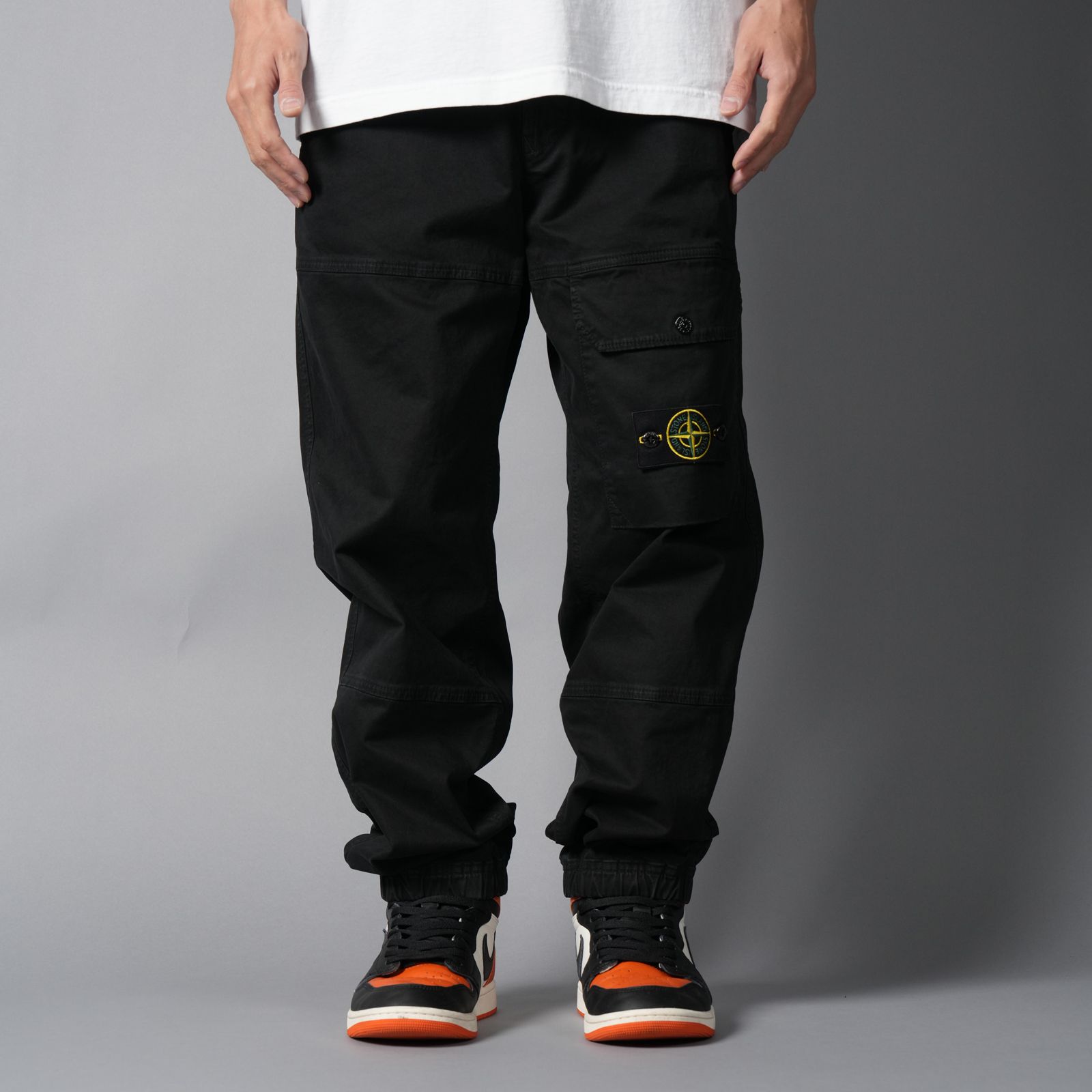 3100010 ORGANIC COTTON STRETCH BROKEN TWILL 'OLD' EFFECT / カーゴパンツ (ガーメントダイ) (ブラック)