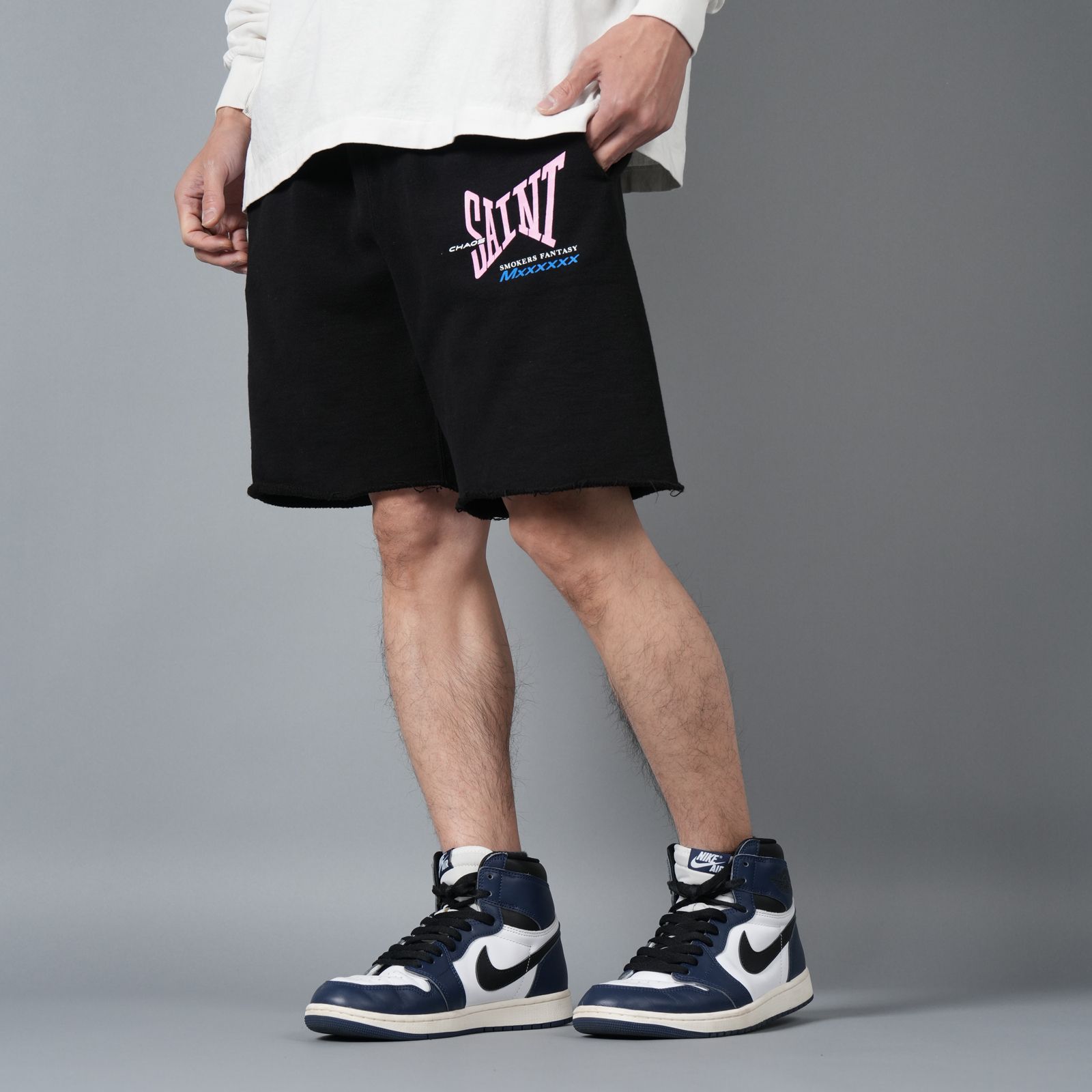 【残りわずか】SM-HR8-0000-059 / SWEAT SHORTS / RIBON SAINT / BLACK / スウェットショーツ (ブラック)