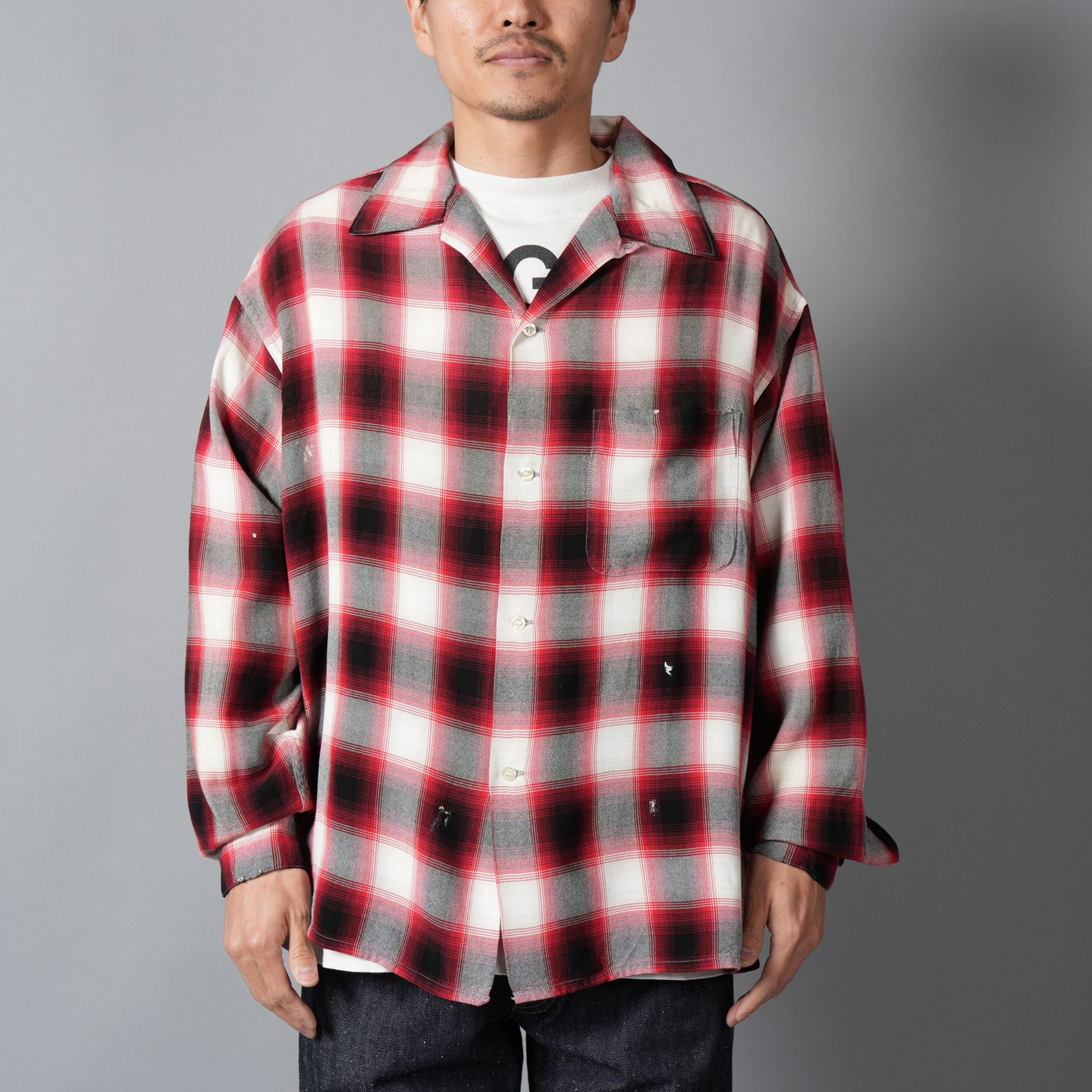 【ラスト1点】SM-MK8-0000-045 / RAYON SHIRT / CHECK / RED / ロングスリーブシャツ (レッド)