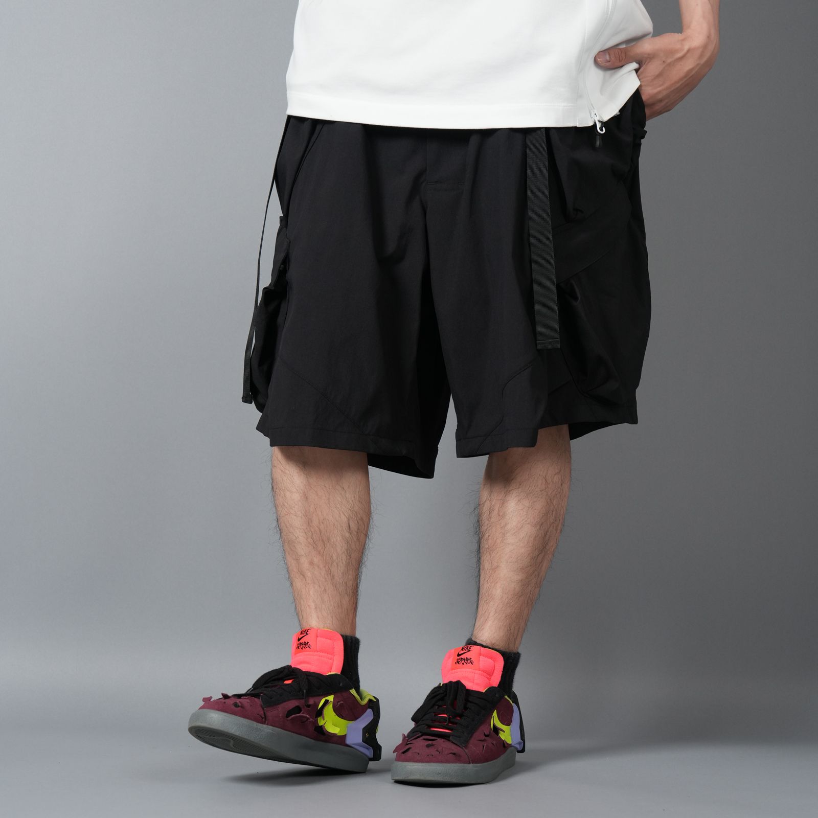 【ラスト1点】SP56A-M / NYLON STRETCH DOUBLE CARGO SHORT PANT / ショートパンツ [ウルトラワイドフィット][ストレッチ入り] (ブラック)