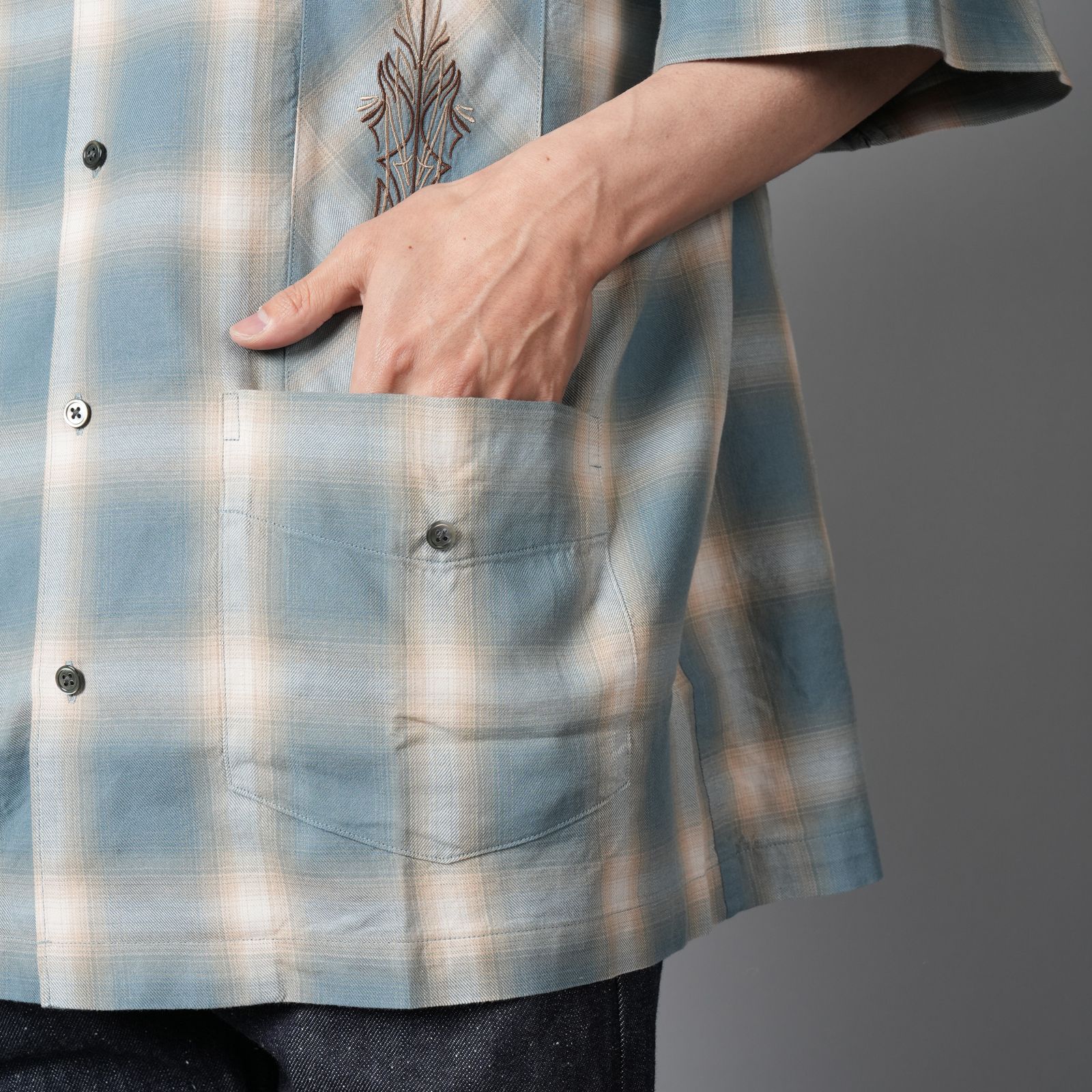 OMBRE PLAID CURBAN SHIRTS (SS)  / 半袖シャツ (ブルー)