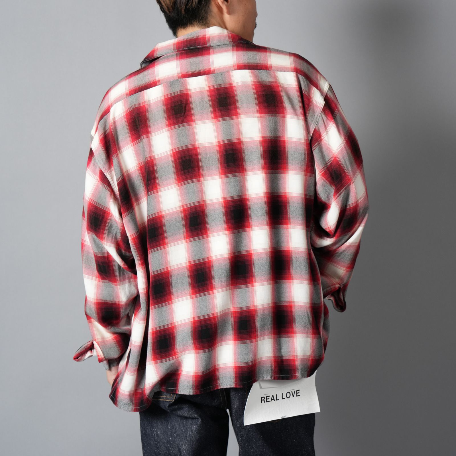 【ラスト1点】SM-MK8-0000-045 / RAYON SHIRT / CHECK / RED / ロングスリーブシャツ (レッド)