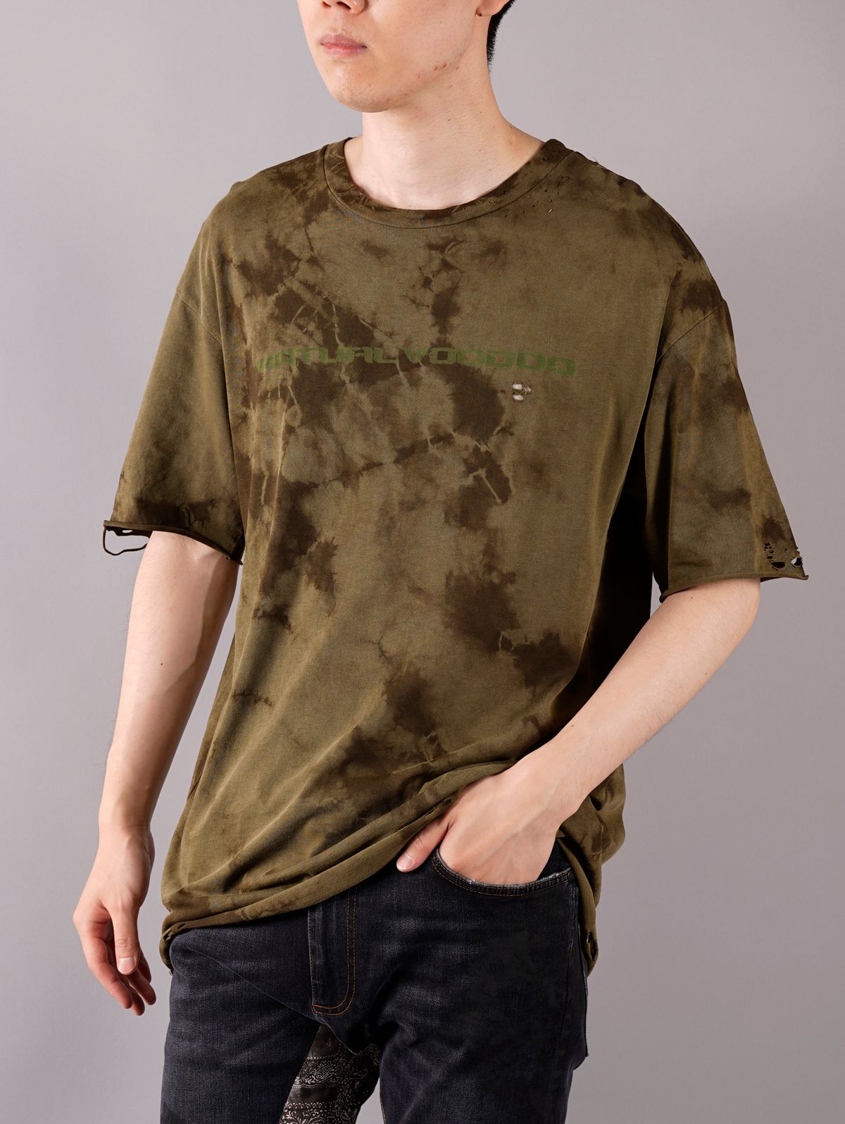 【ラスト1点】 VIRTUAL VOODOO SHORT SLEEVE /Tシャツ(オリーブ)ダメージ加工