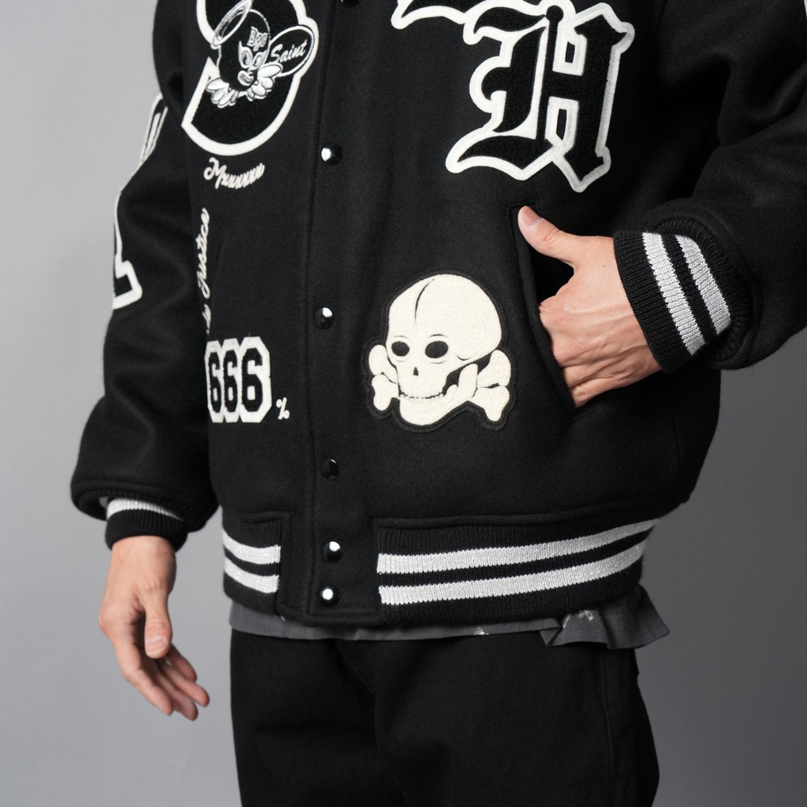 【残りわずか】【コラボ】SM-MK8-0000-C34 / BH_VARSITY JKT / SNT HUNTER / BLK / スタジャン (ブラック)