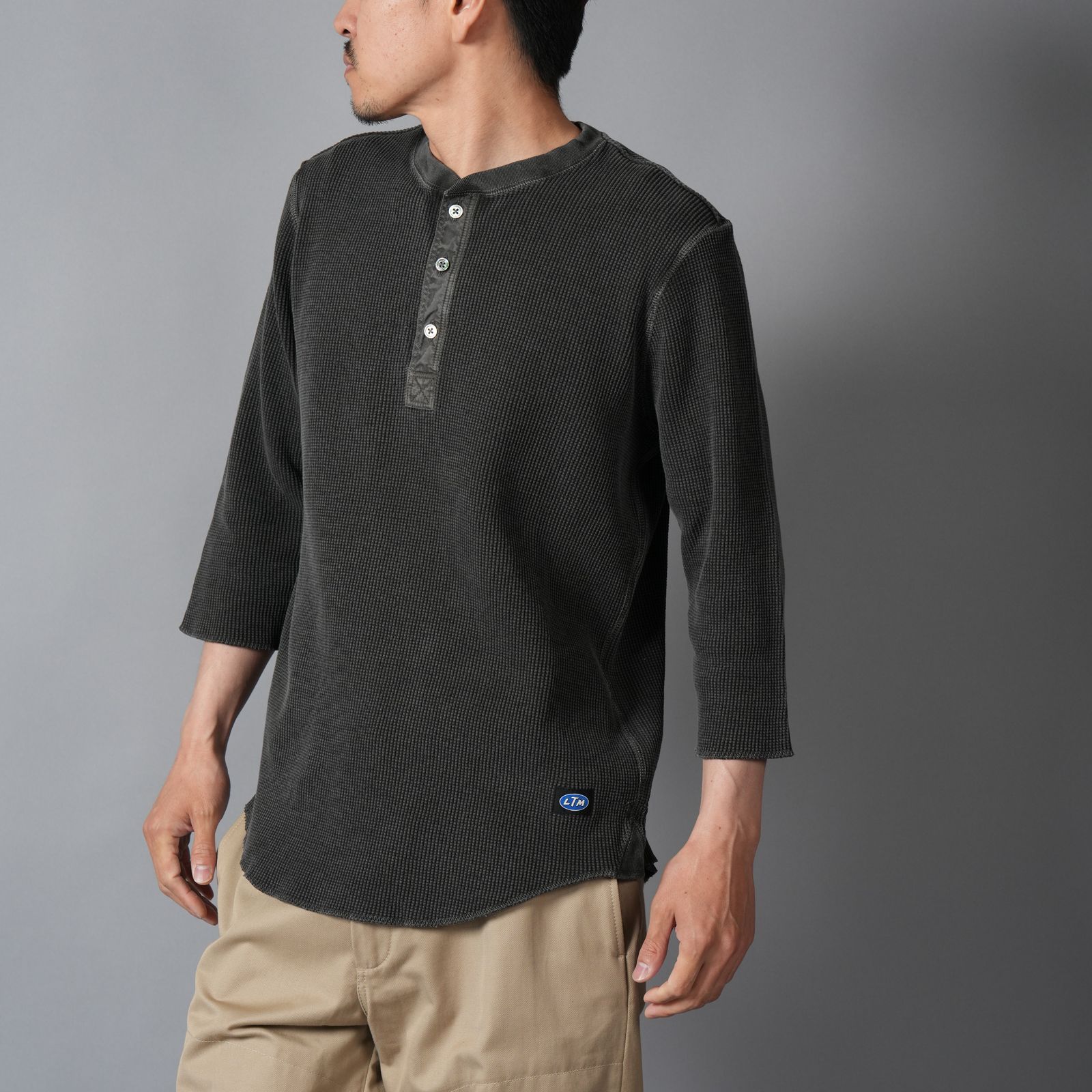 WAFFLE HENLEY (3/4)SLEEVE / ワッフル ヘンリーネック Tシャツ (ブラック)