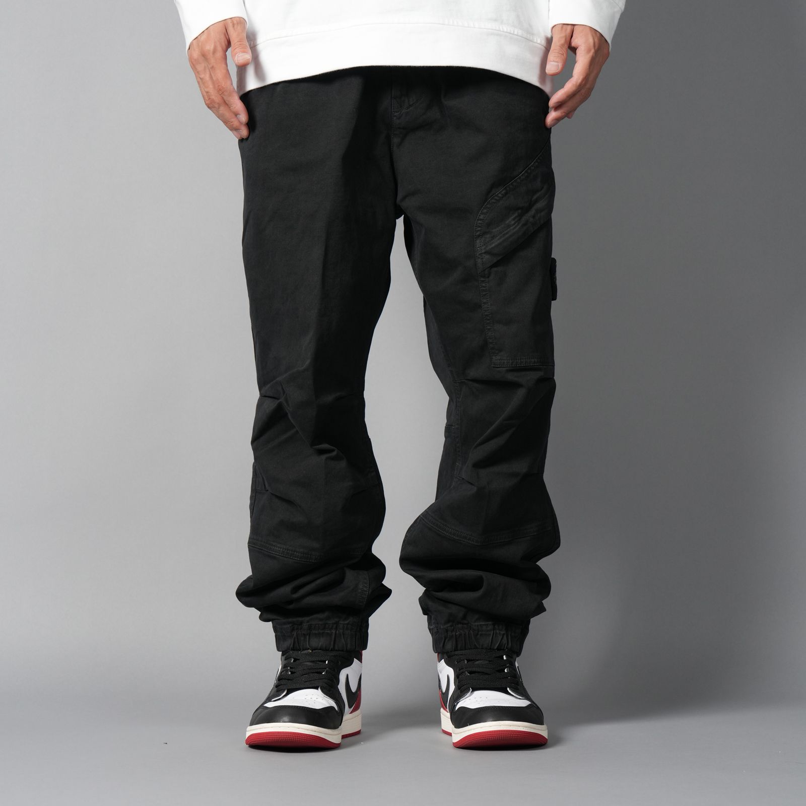 3100036  / STRETCH ORGANIC BROKEN TWILL COTTON 'OLD' EFFECT / カーゴパンツ  [ガーメントダイ][ルーズフィット][ストレッチ入り]  (ブラック)