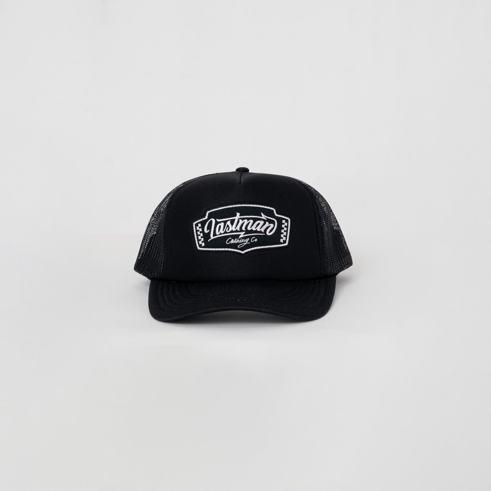 EMBROIDERED TRUCKER CAP "LM CLOTHING"   / メッシュキャップ (ブラック/ブラック)