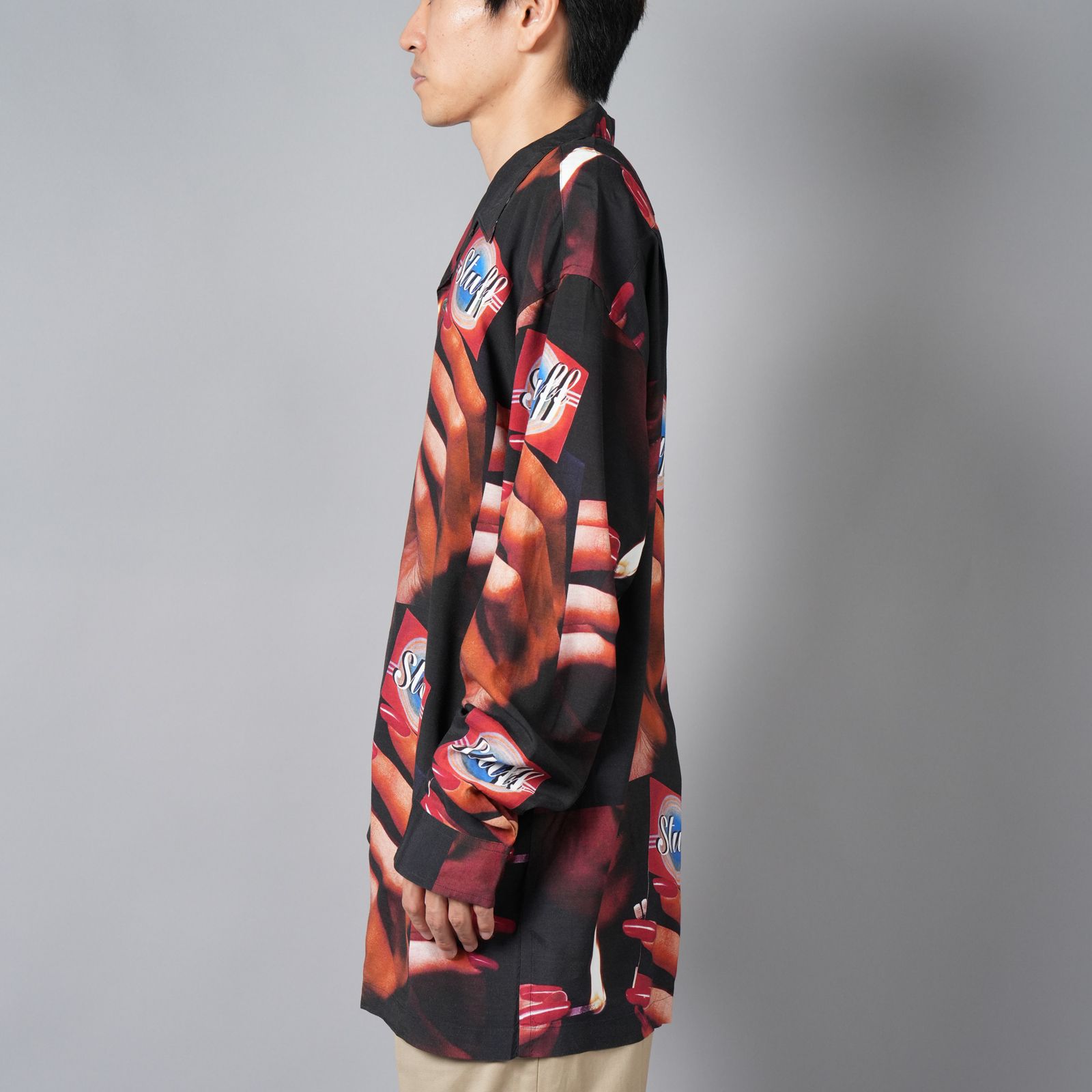 【ラスト1点】PRINTED OPEN COLLOAR SHIRTS L/S "STUFF" オープンカラーシャツ (ブラック)