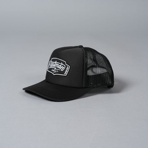 EMBROIDERED TRUCKER CAP "LM CLOTHING"   / メッシュキャップ (ブラック/ブラック)