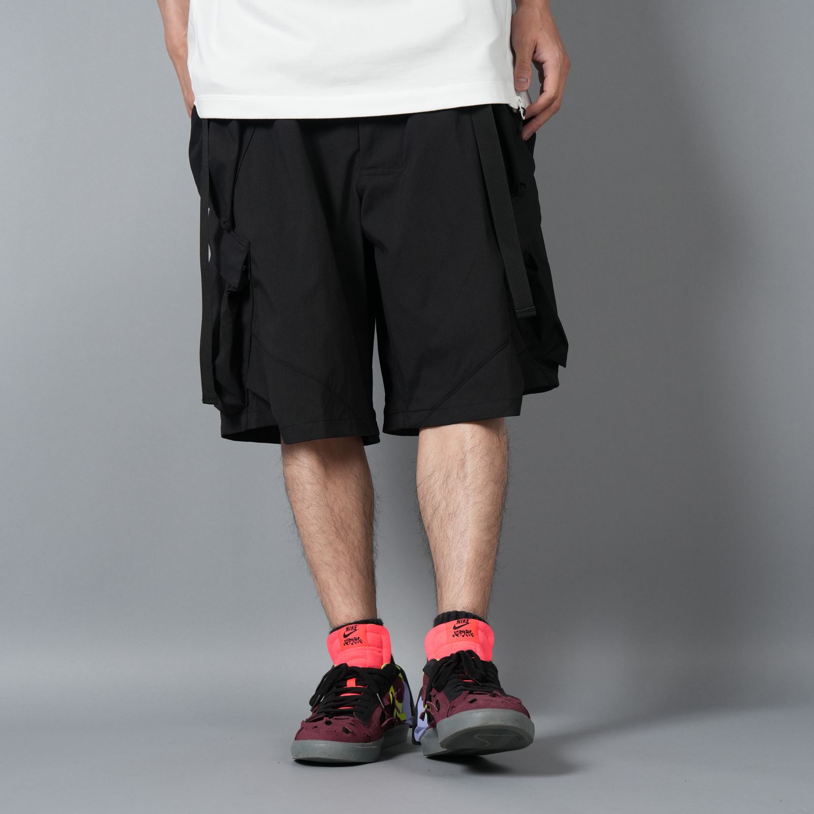 【ラスト1点】SP56A-M / NYLON STRETCH DOUBLE CARGO SHORT PANT / ショートパンツ [ウルトラワイドフィット][ストレッチ入り] (ブラック)