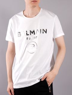 【ラスト1点】BALMAIN STAMP SILVER MILLER / シルバーミラー ロゴ プリント Tシャツ (クルーネック) / ホワイト / コットン / メンズ